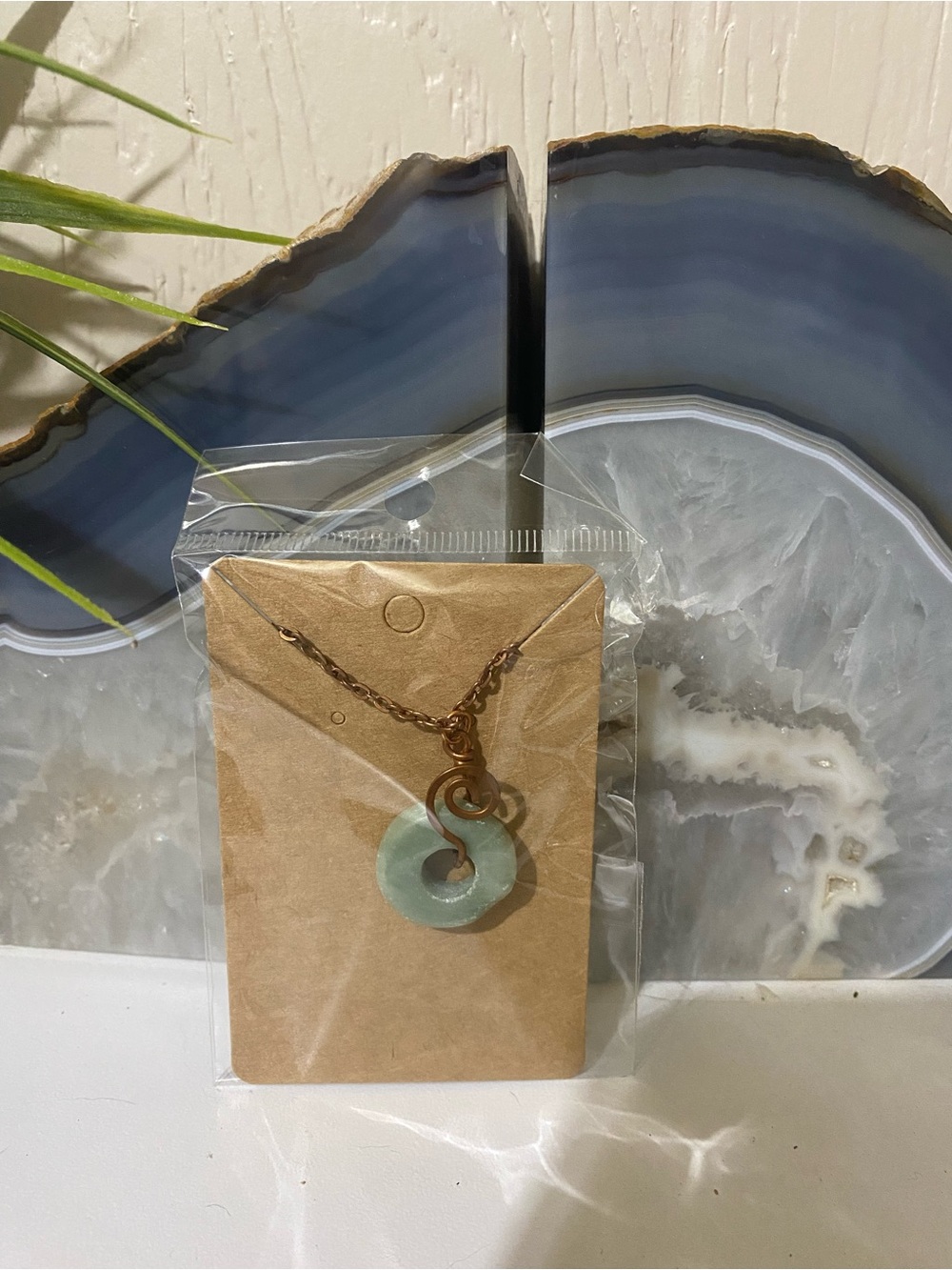 Green Jade wire wrapped Donut Pendant Necklace -